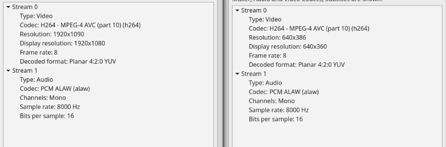 Main and sub stream VLC codec info