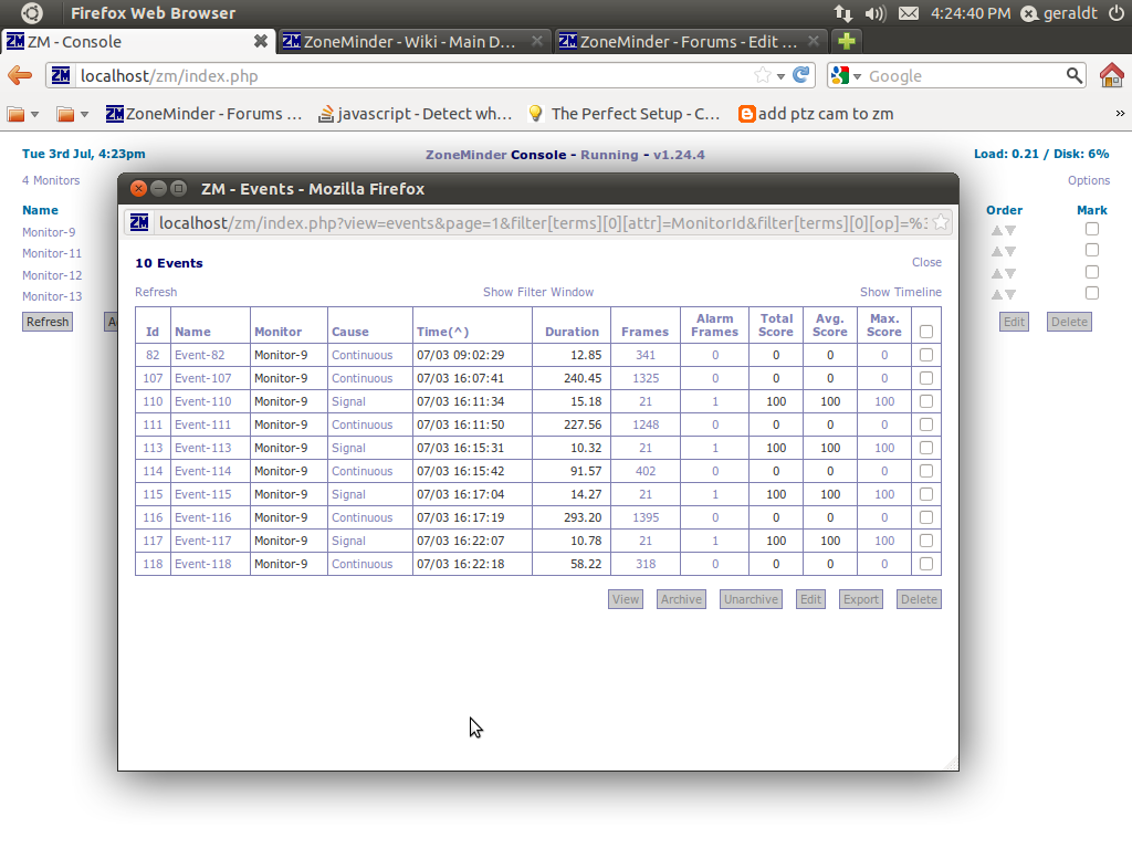 A Screenshot of the recorded events of one of my IP Cameras.