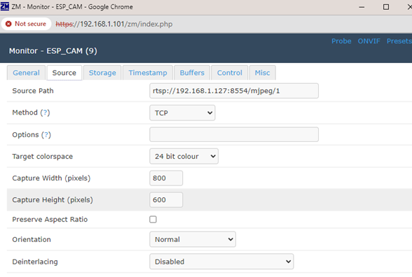 ESP 32 Camera Zoneminder Settings