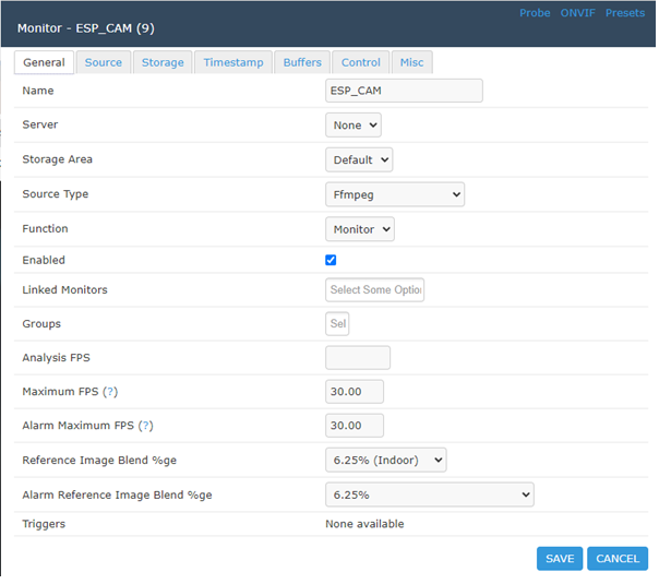 ESP 32 Camera Zoneminder Settings